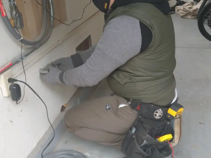 Electrician performing outlet wiring in a Sun Village garage